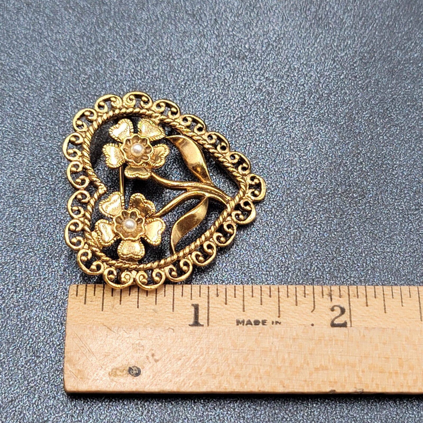 Vintage Brooch Heart Two Flowers Seed Imitation Pearls Open Work 1.5"