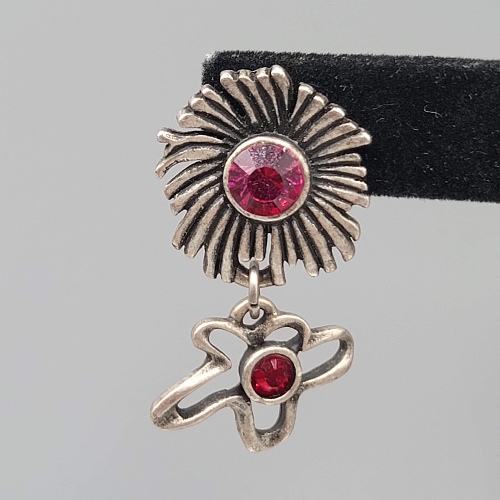 Chicos Flower Pierced Earrings Purple Red Rhinestone Silver tone Dangle 1.5"