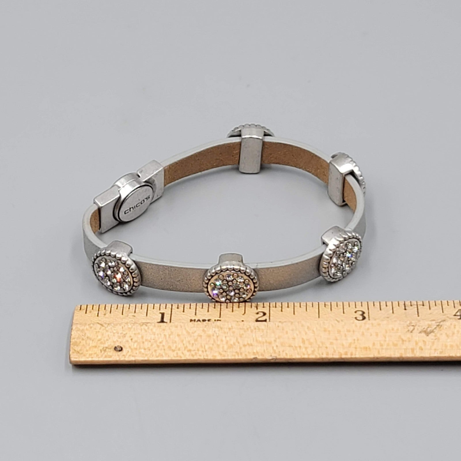Chicos Leather Bracelet Crystal Rhinestone Magnetic Closure 7"