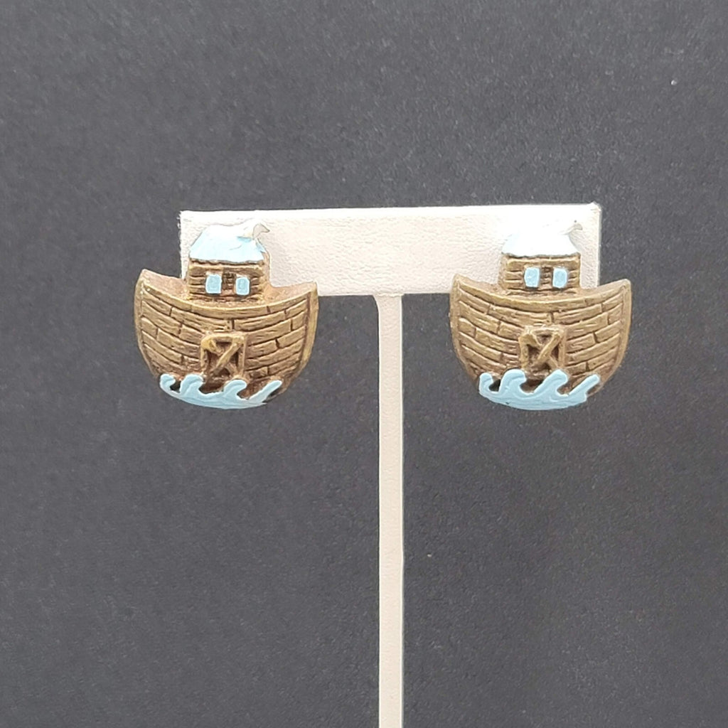 Vintage Clip on Earrings Noahs Arc Acrylic 1.25"