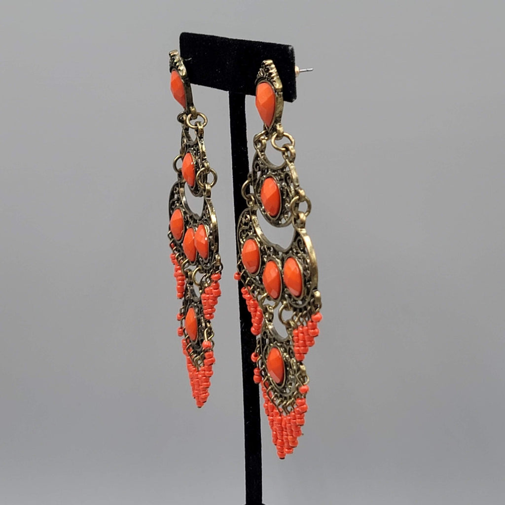 Large Chandelier Pierced Earrings Bronze tone Orange Beads 4"