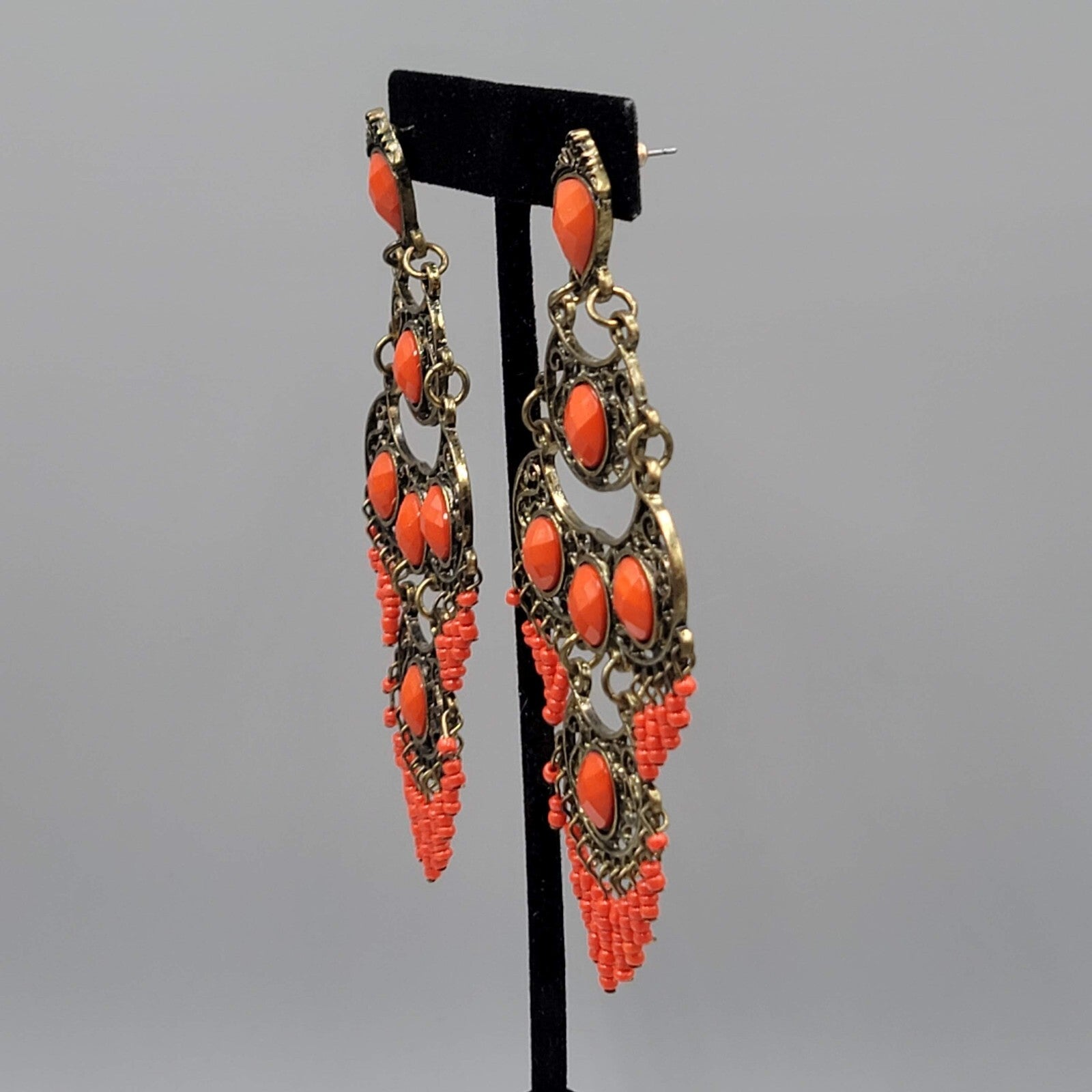 Large Chandelier Pierced Earrings Bronze tone Orange Beads 4"