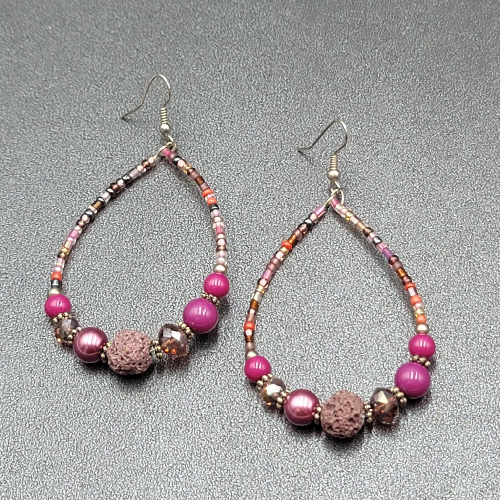 Pierced Earrings Purple Beaded Teardrop Hoops  2.5"