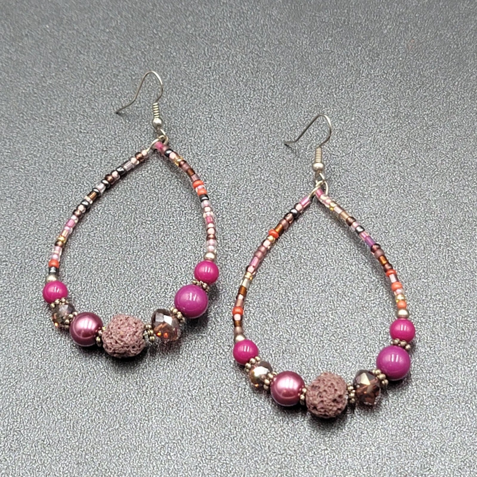 Pierced Earrings Purple Beaded Teardrop Hoops  2.5"