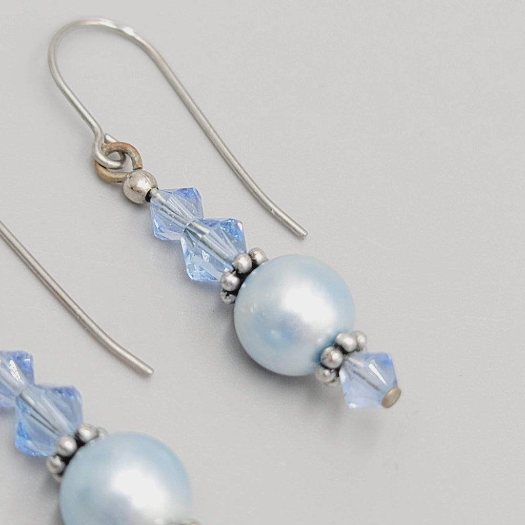 Satin Blue Bead Pierced Earrings Silver tone Dangle 1 1/8"