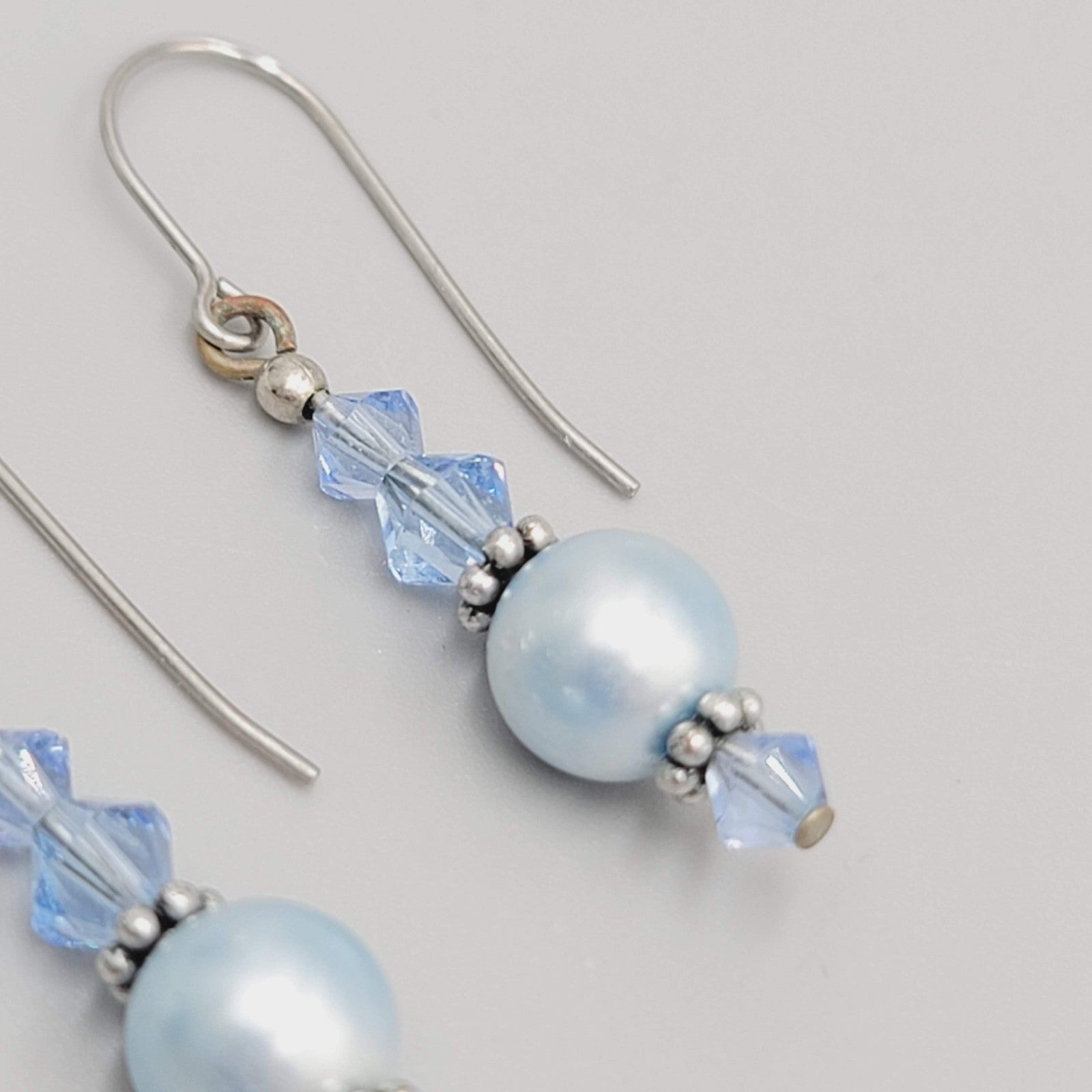 Satin Blue Bead Pierced Earrings Silver tone Dangle 1 1/8"