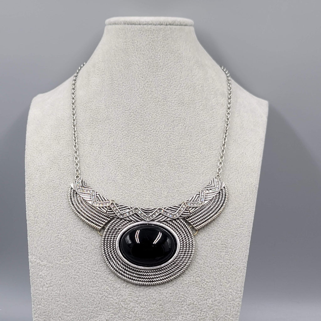 Silver tone Bib Statement Necklace Black Cabochon 20"