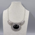 Silver tone Bib Statement Necklace Black Cabochon 20"