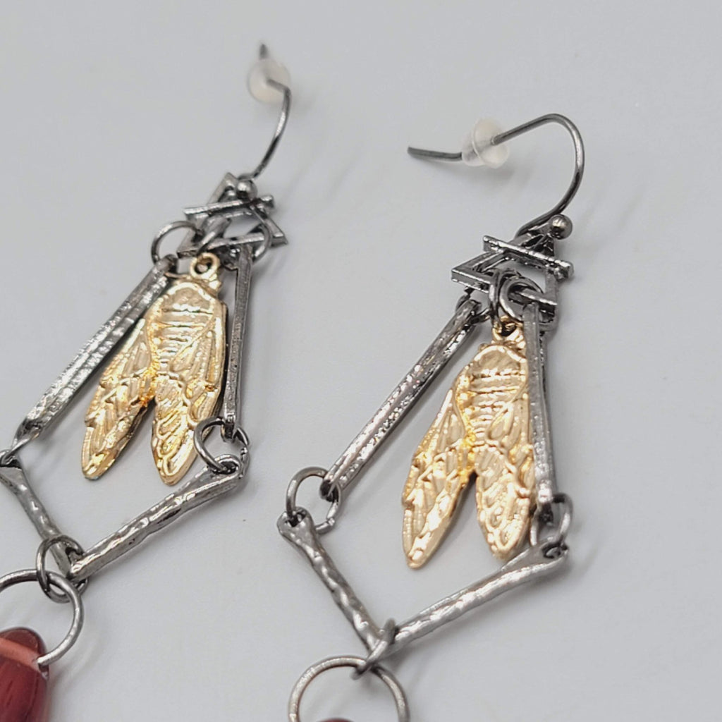 Fly Bug Black Metal Red Bead Pierced Earrings Long Dangle 2.5"
