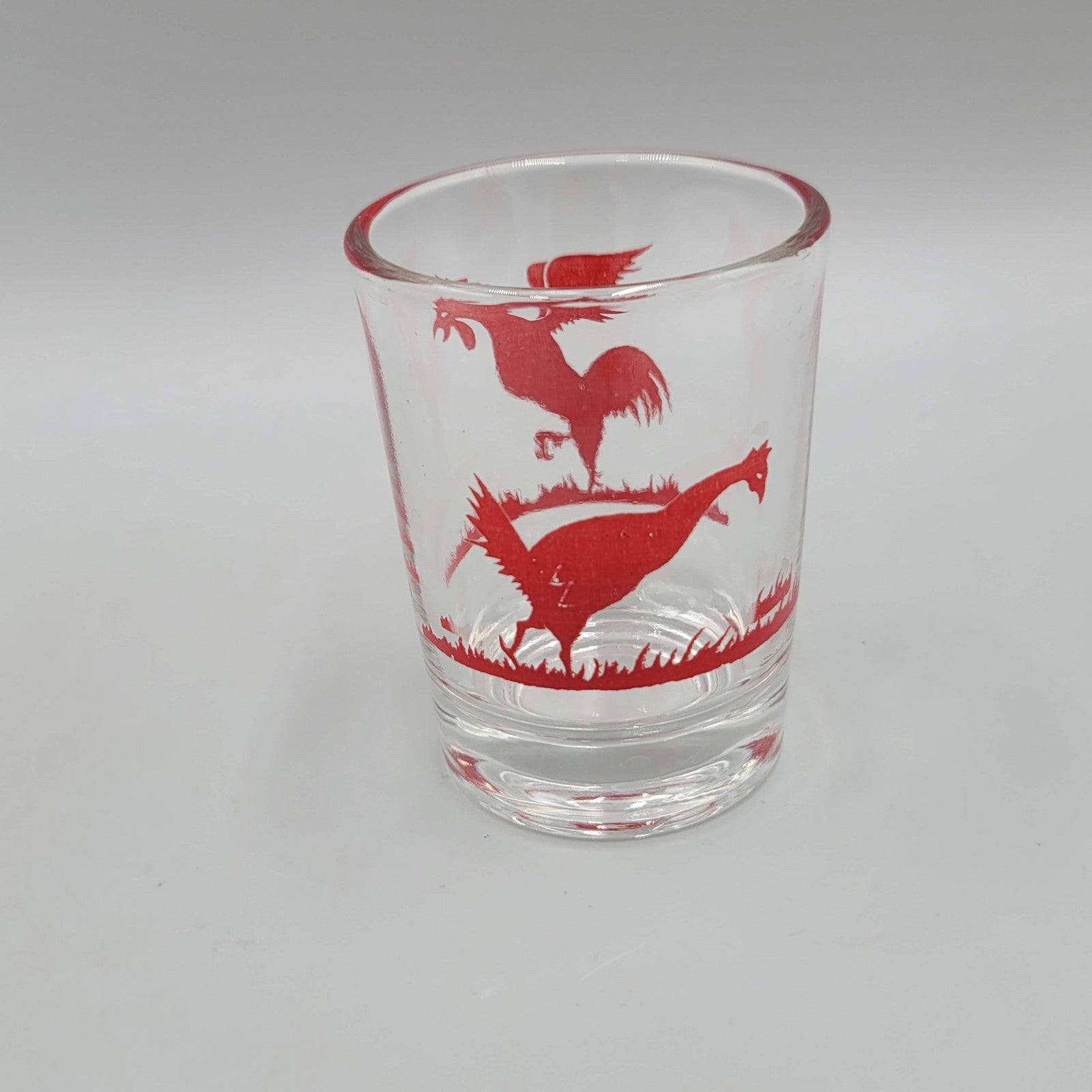 Vintage Red Rooster Juice Glass Clear 3 in tall
