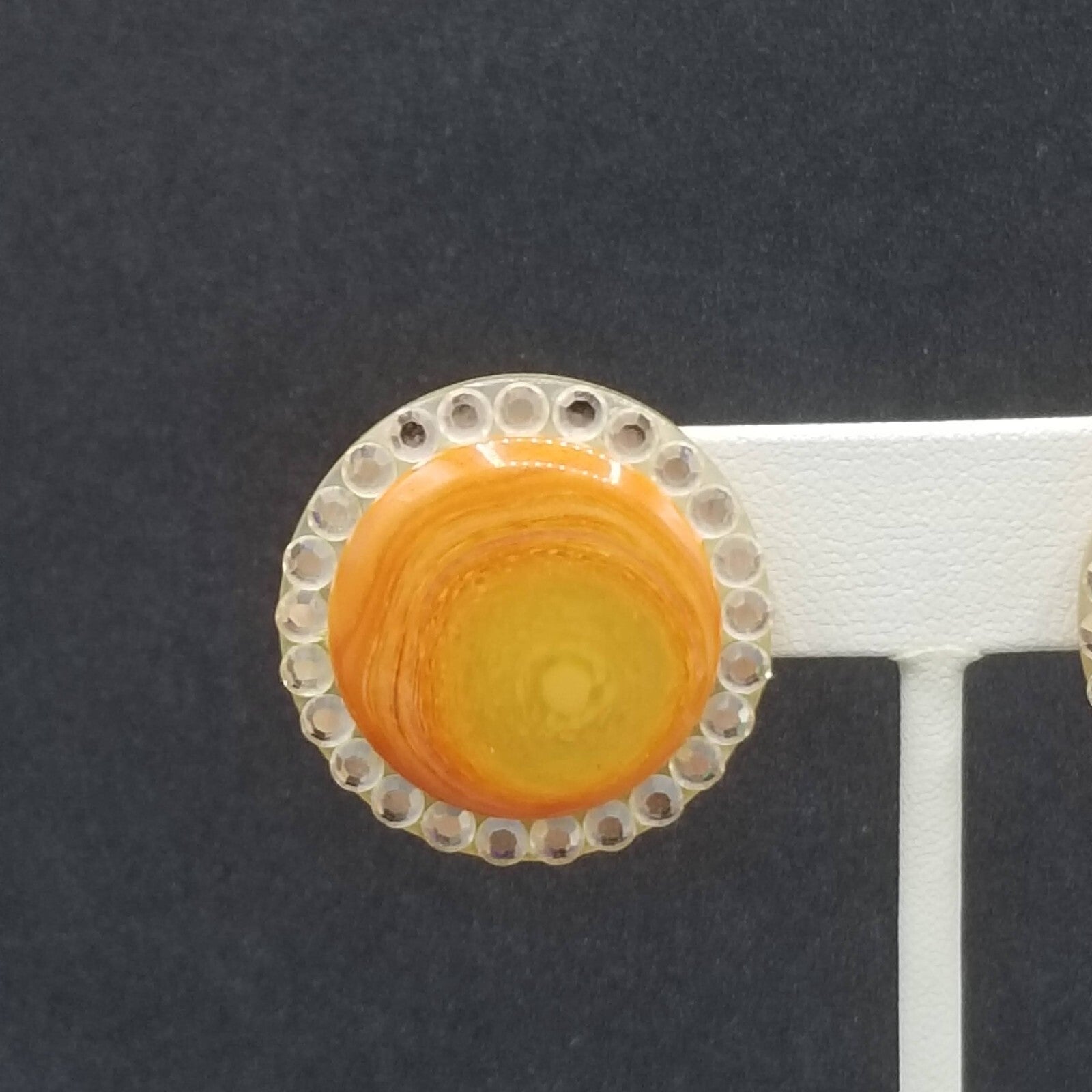 Vintage Clip on Earrings Orange Resin Faceted Crystal Button Style Stud 1 1/8"