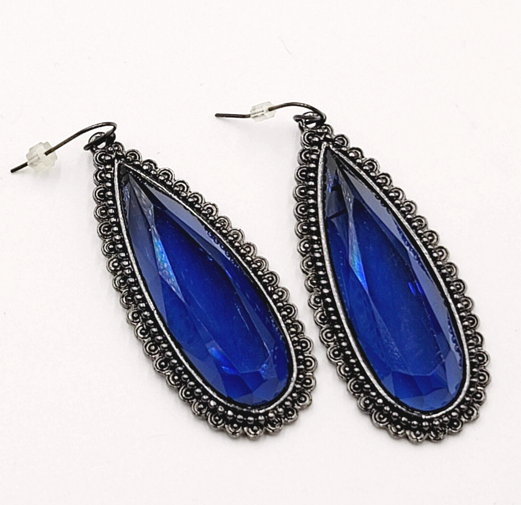 Pierced Earrings Black Metal Large Blue Glass Faceted Teardrop Gothic 2 1/8"