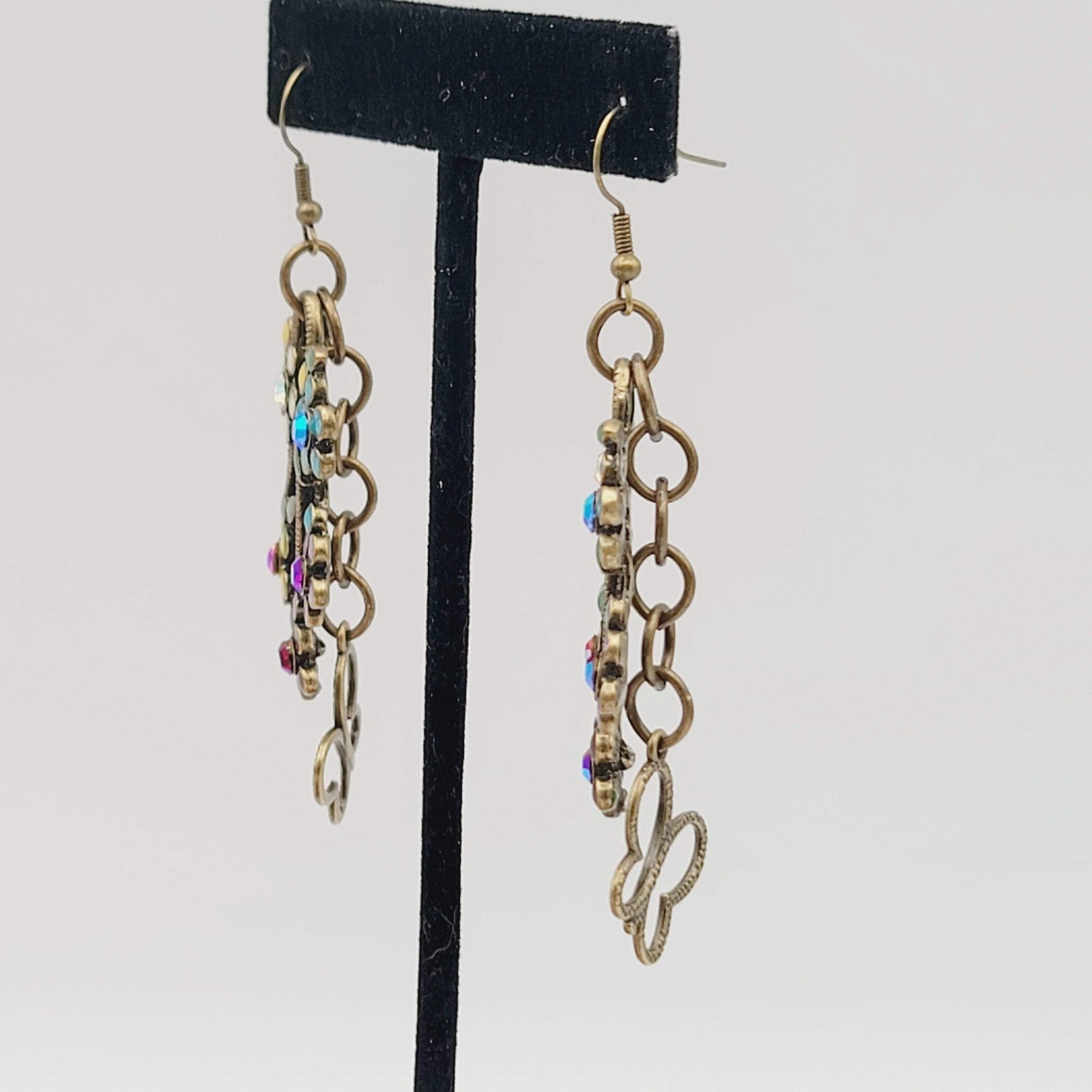 Multicolor Crystal Flowers Butterfly Pierced Earrings Bronze tone Dangle 2 in