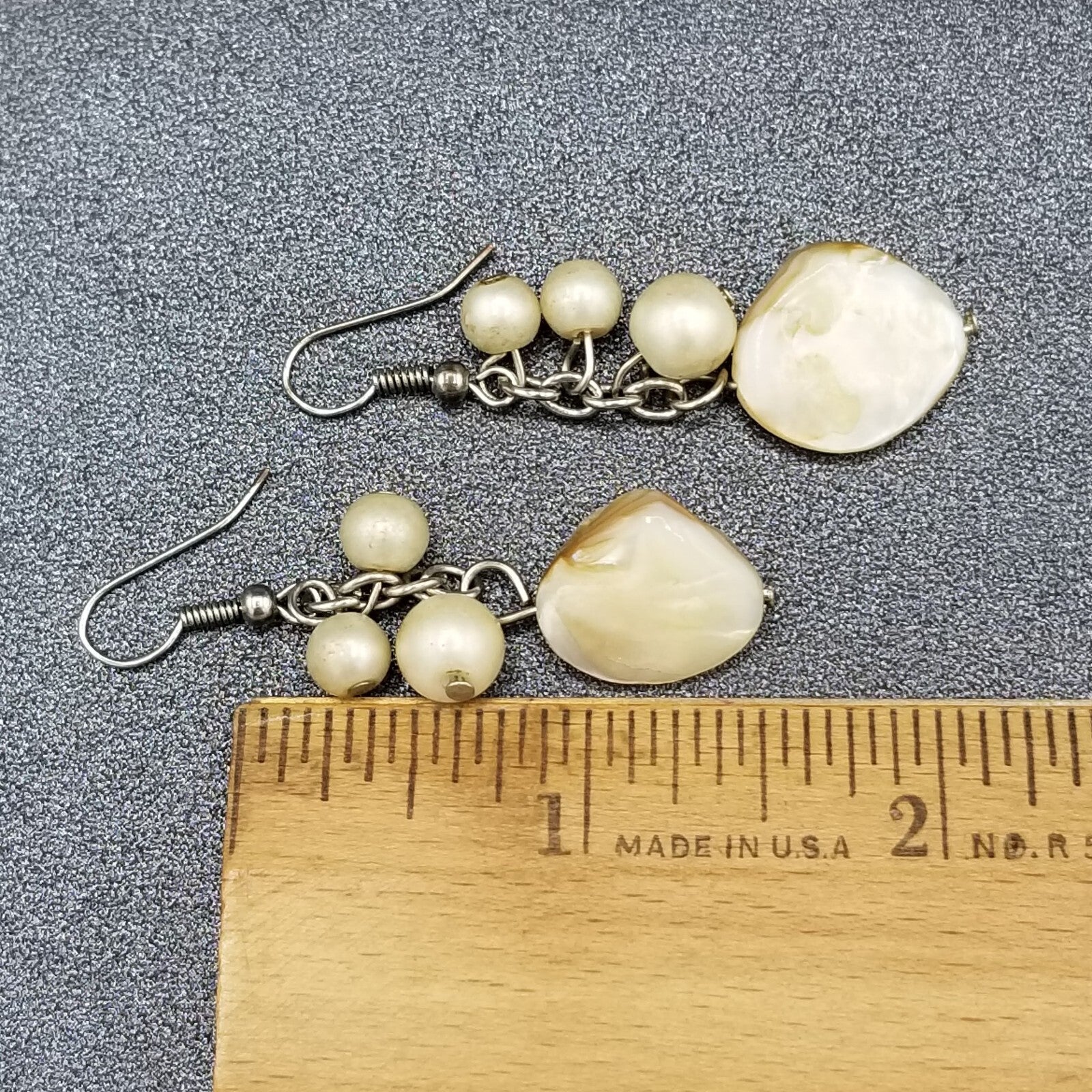 Pierced Earrings Silver tone White Shell Bead Dangle Beach Theme 1.5"