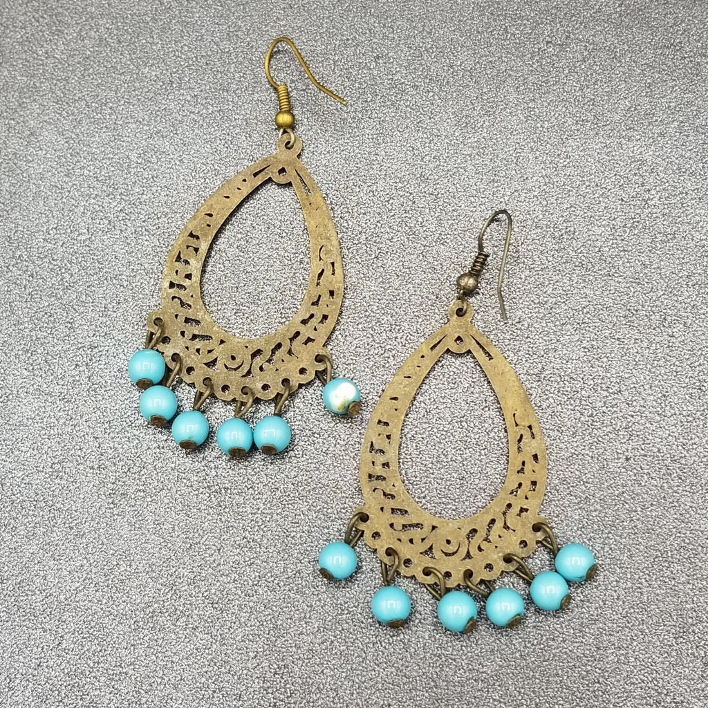 Pierced Earrings Bronze tone Chandelier Teardrop Blue Bead Dangle 2.25"