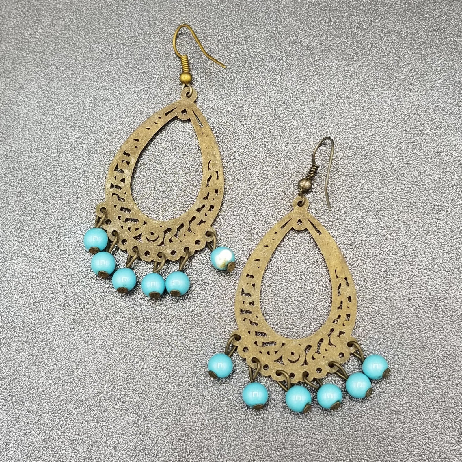 Pierced Earrings Bronze tone Chandelier Teardrop Blue Bead Dangle 2.25"