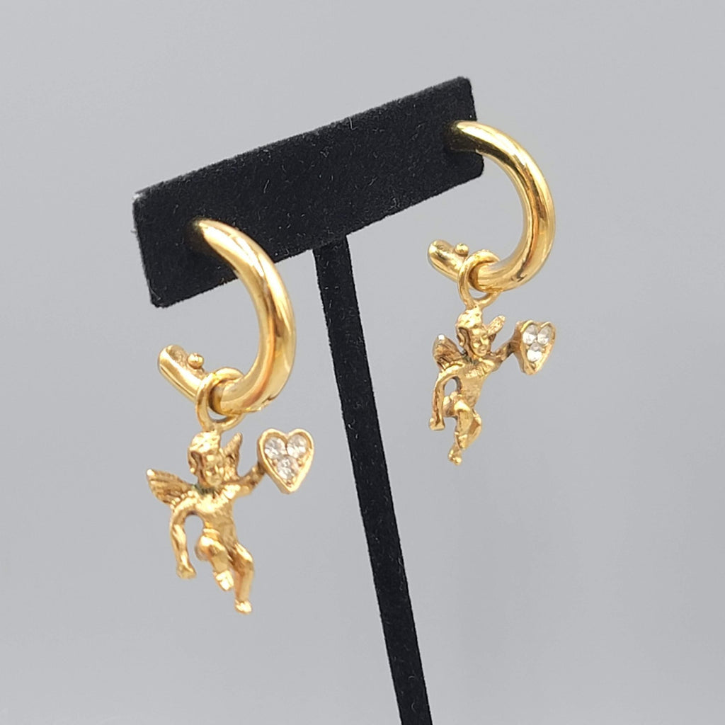 Vintage Angel Heart Hoops Pierced Earrings Gold tone Dangle Rhinestone 2"