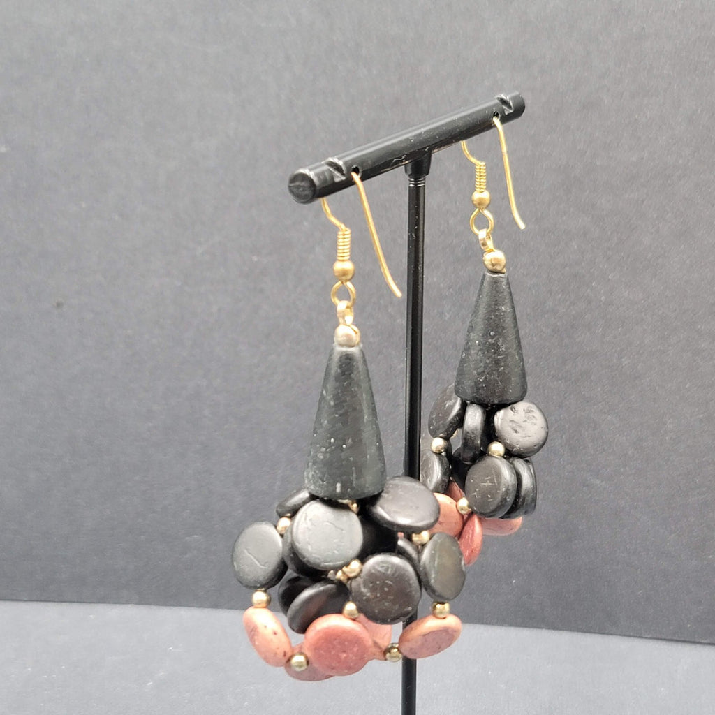 Vtg Pierced Earrings Black and Brown Wood Cluster Beads Statement Dangle  2.5"