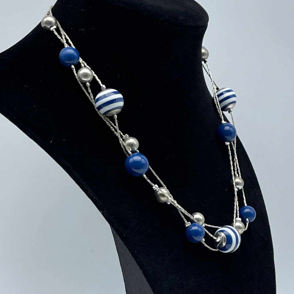 Vintage Silver tone Triple Chain Blue Stripe Bead Station Necklace 15.5" - 17.5"