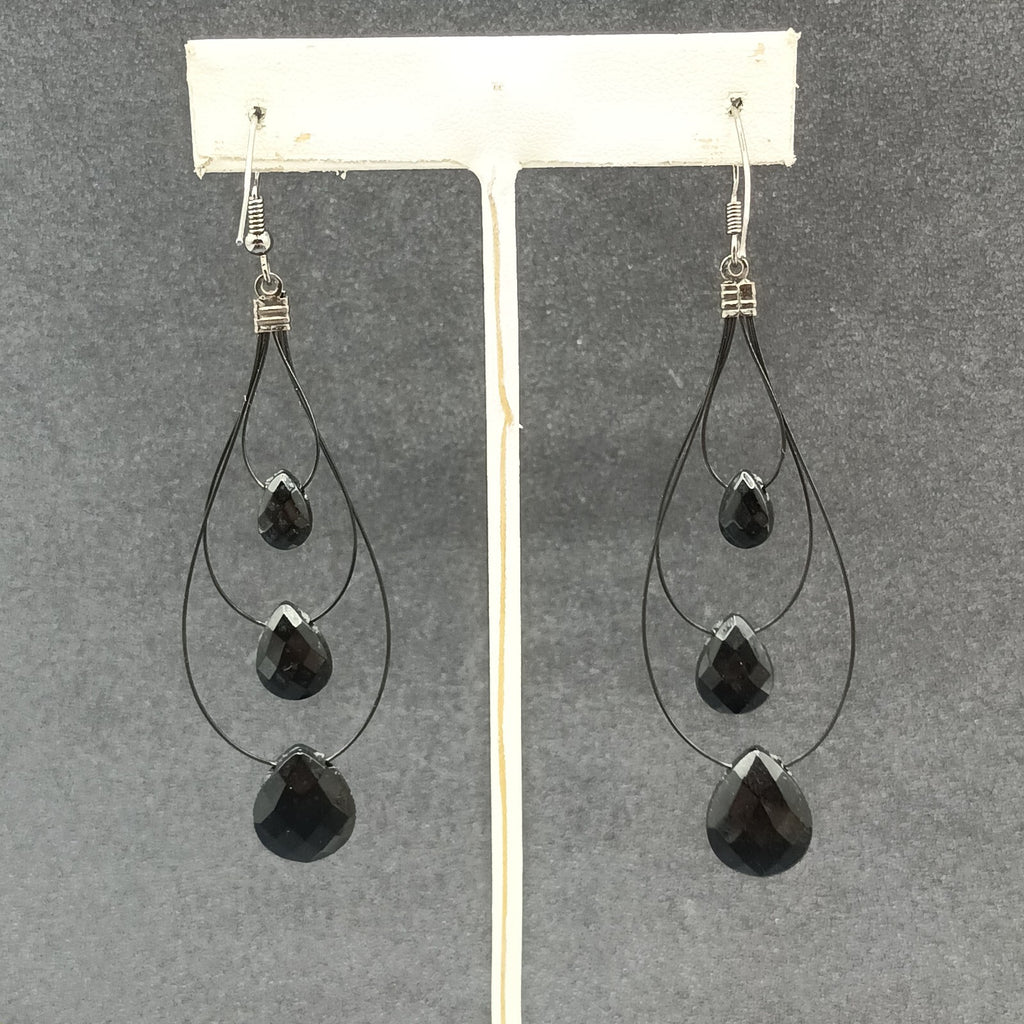 Pierced Earrings Black Plastic Loop Faceted Acrylic Teardrop Bead Dangle 2 3/4"