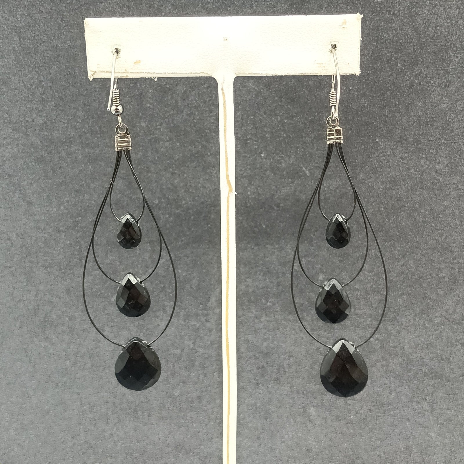 Pierced Earrings Black Plastic Loop Faceted Acrylic Teardrop Bead Dangle 2 3/4"
