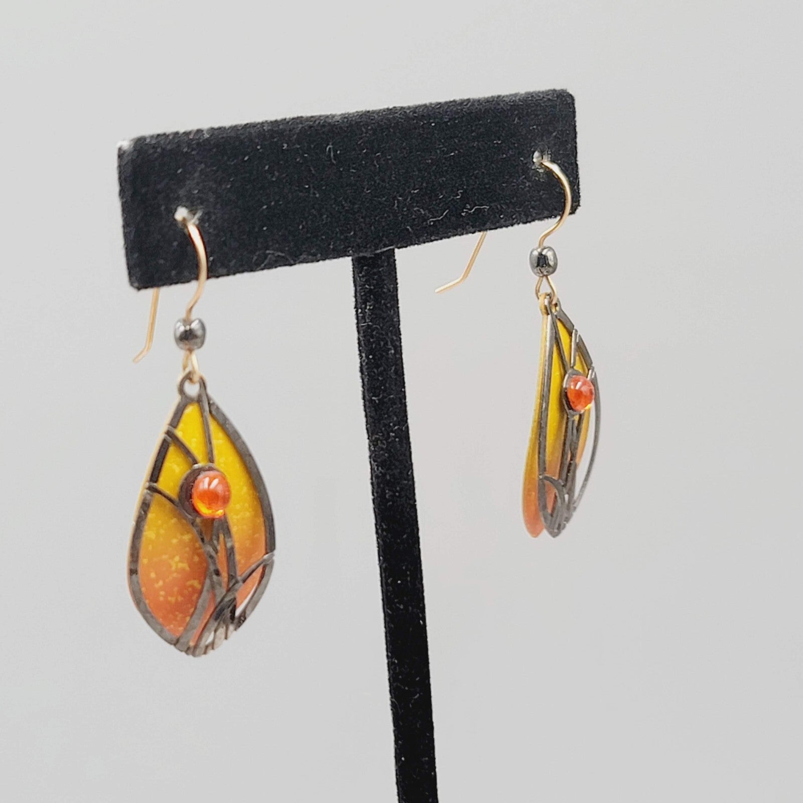 Butterfly Metal Wing Style Pierced Earrings Yellow Enamel Goldtone Dangle 1 1/8"