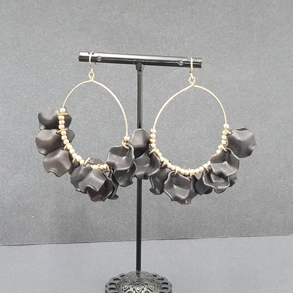 Pierced Earrings Gold tone Black Acrylic Hoops Dangle 2.5"