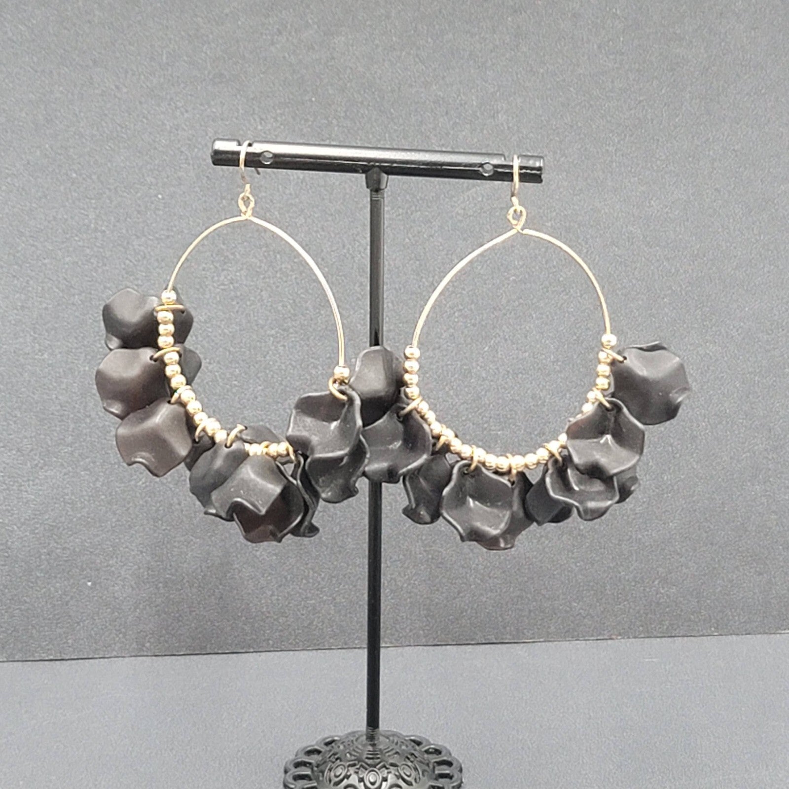 Pierced Earrings Gold tone Black Acrylic Hoops Dangle 2.5"
