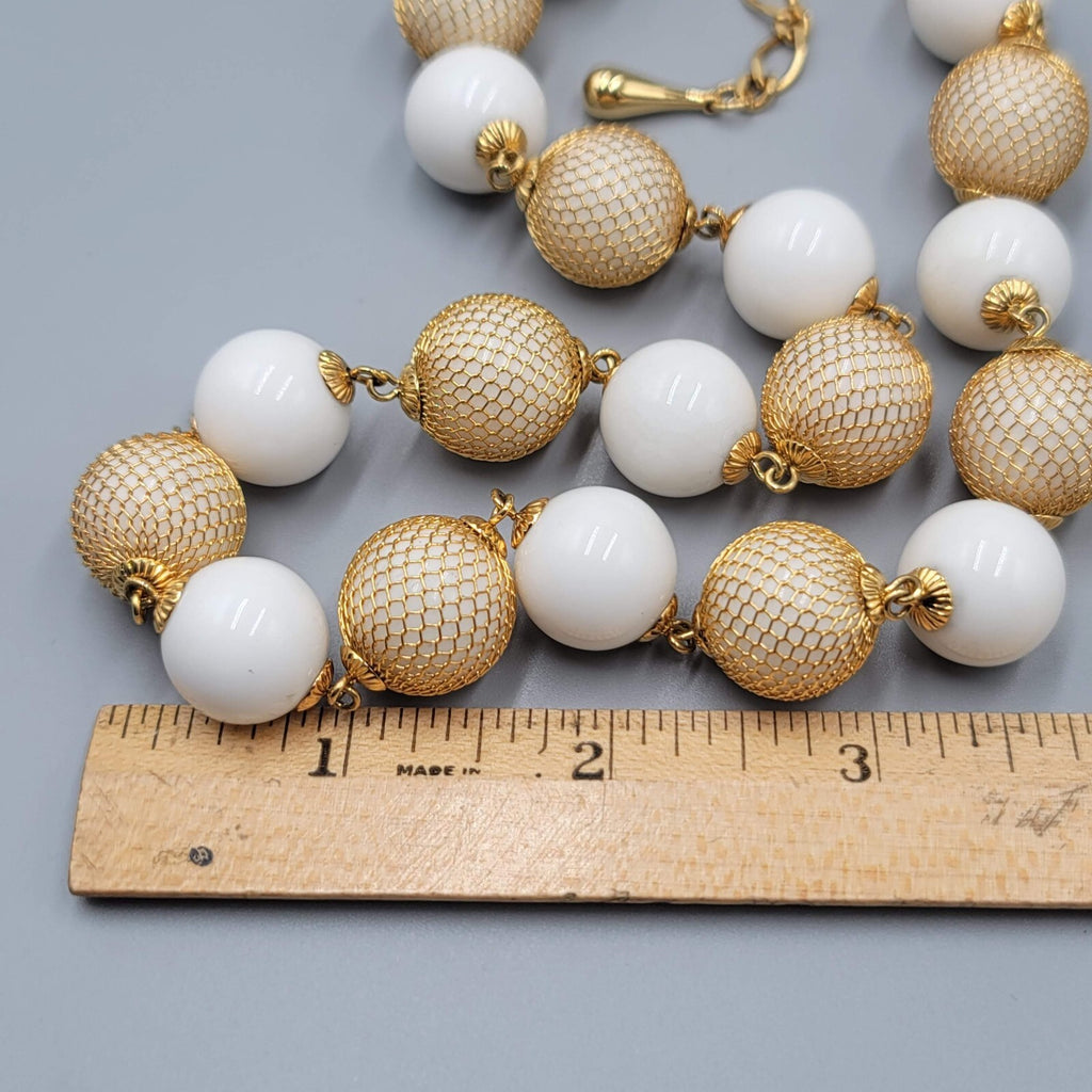 Vintage Bead Necklace White Bead Gold tone Wire Caged Beads 22"-24"