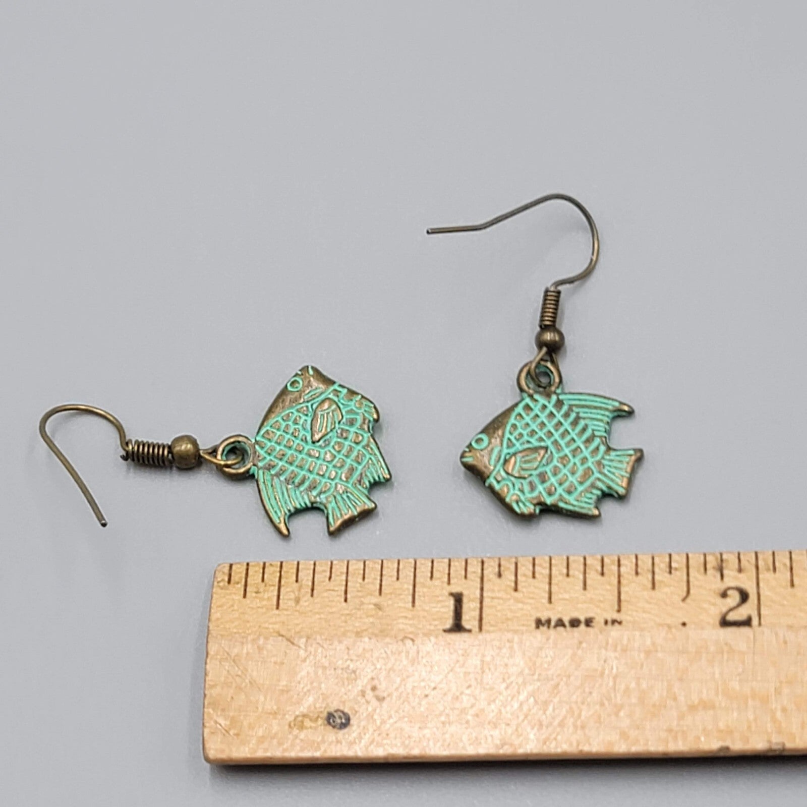 Fish Beach Sea life Pierced Earrings Bronze tone Green wash Dangle 5/8"