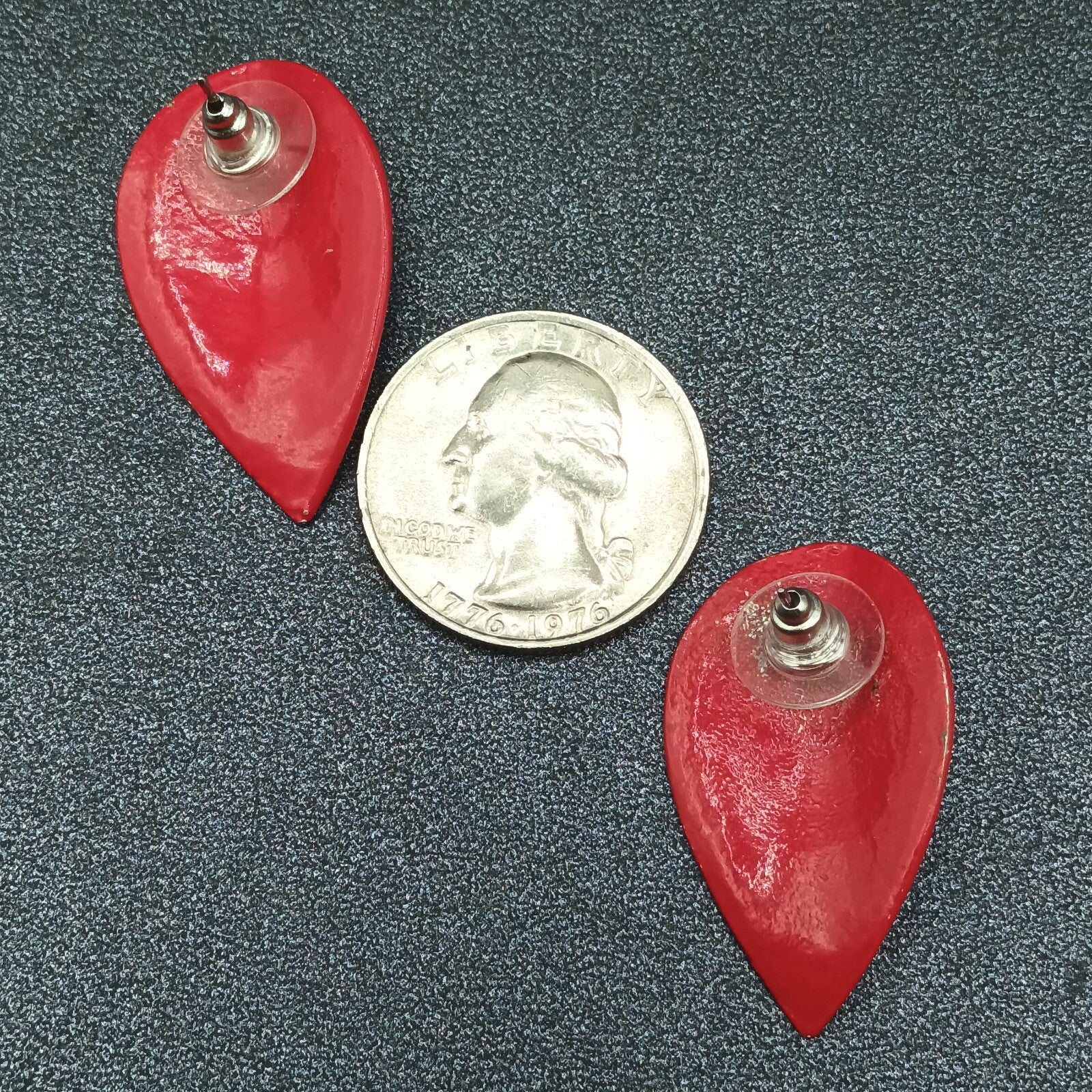 Vintage Pierced Earrings Red Enamel Over Metal Leaf Drop 1 3/8"
