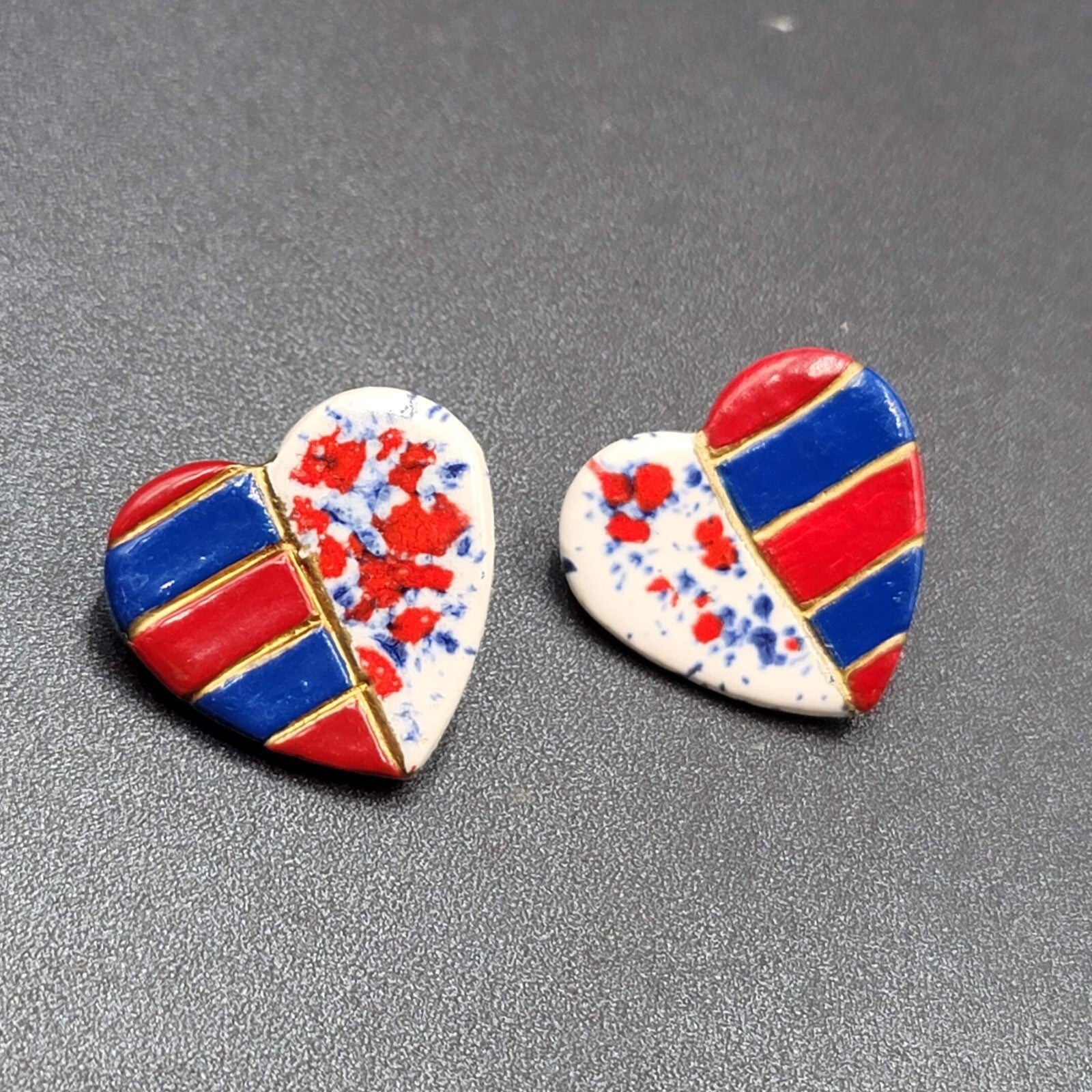 Vtg Heart Pierced Earrings Ceramic Hand Painted Patriotic Red White Blue 1.25"