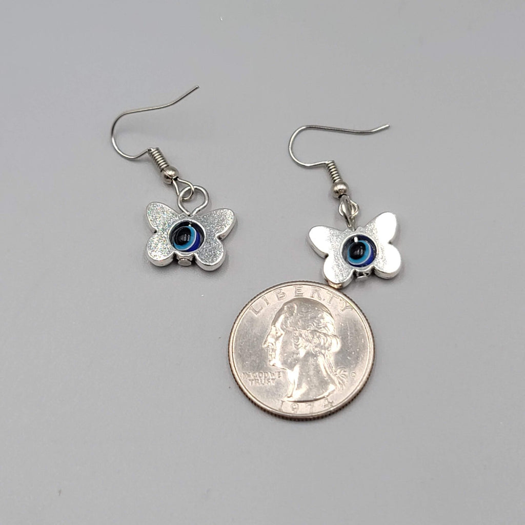 Butterfly Evil Eye Pierced Earrings Silver tone Blue Bead Dangle 5/8"