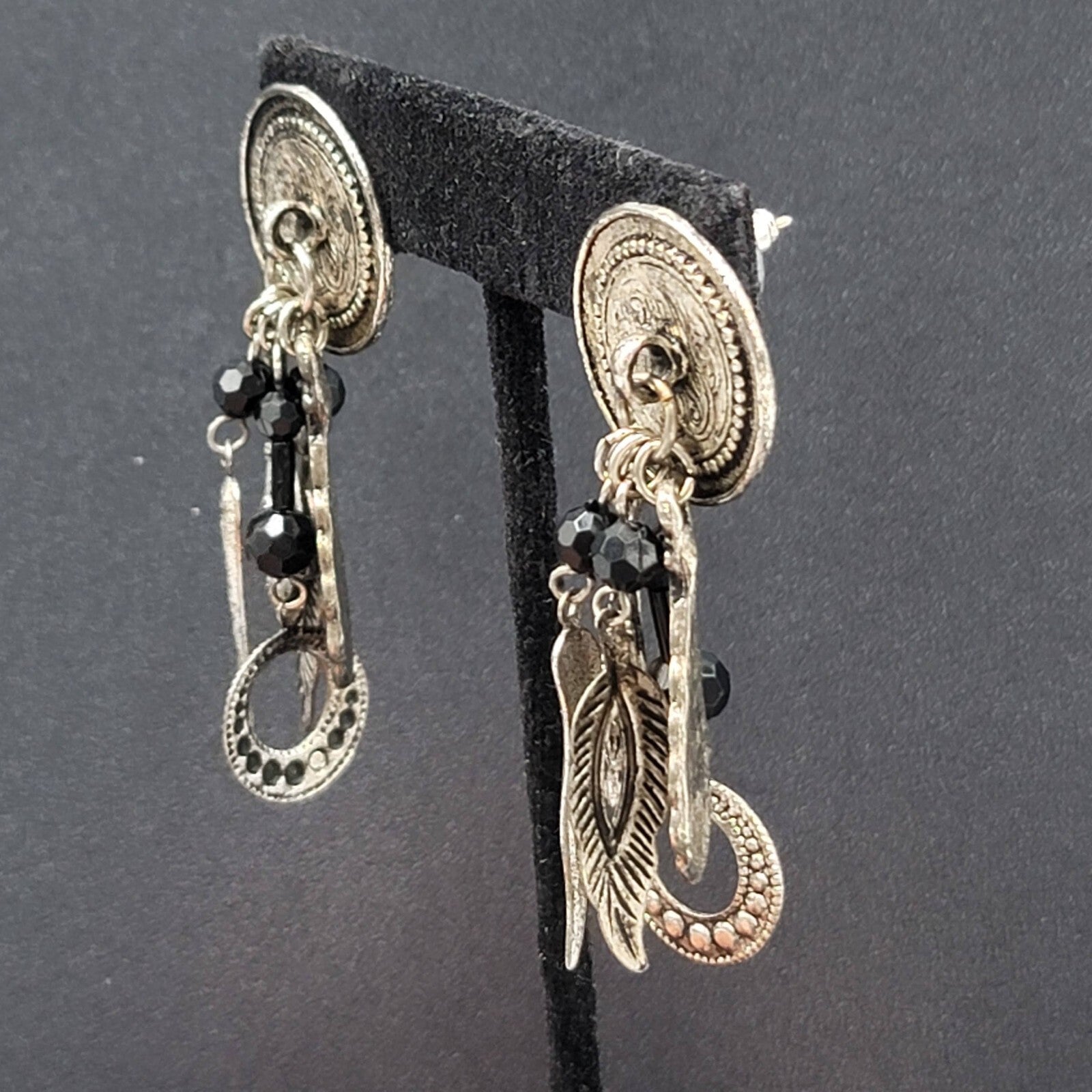 Boho Pierced Earrings Silver tone Black Beads Dangle Charms 2.25"