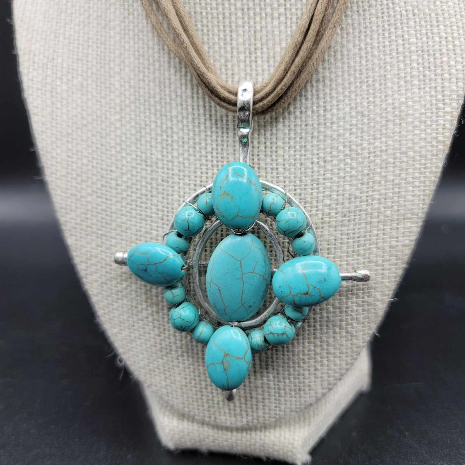 Bella Karma Necklace Multi Cord Dyed Howlite Turquoise Blue Pendant 18" - 21"