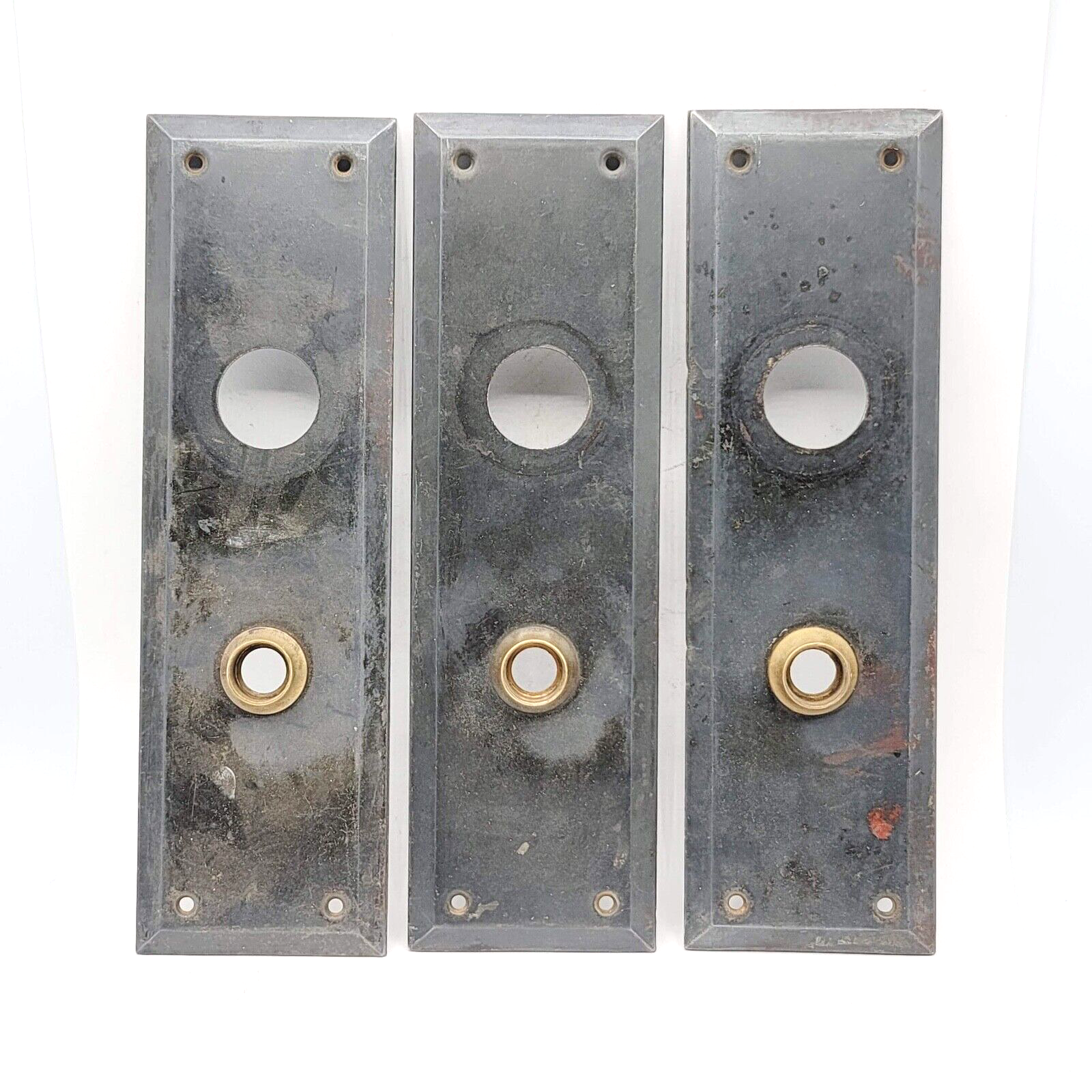 Lot of 3 Vintage Steel Exterior Doorknob Back Plate 10" x 3" holes 3 3/4"