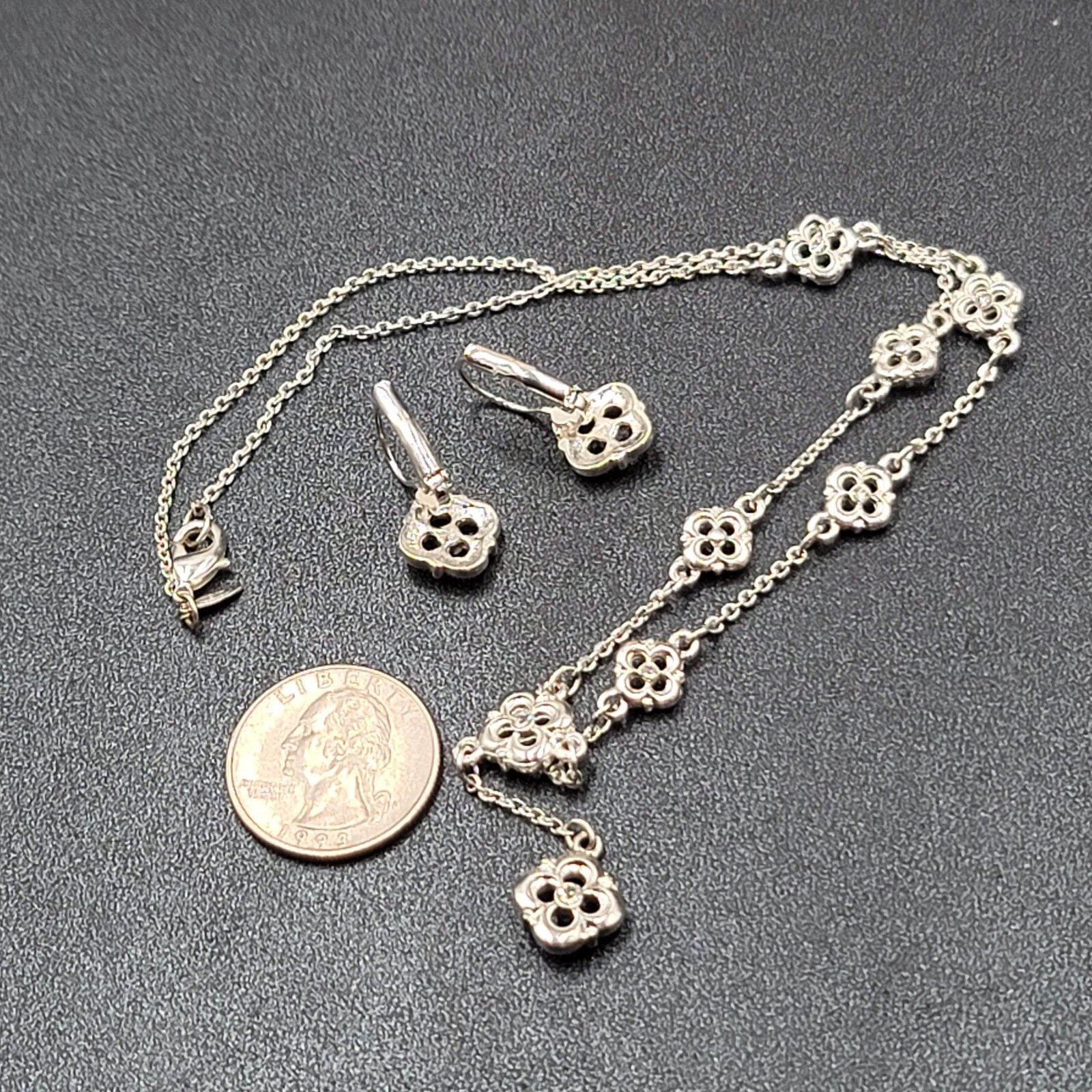 Avon Clover Y Necklace and Pierced Earring Set Crystal Silver Plated 17" 1/2"