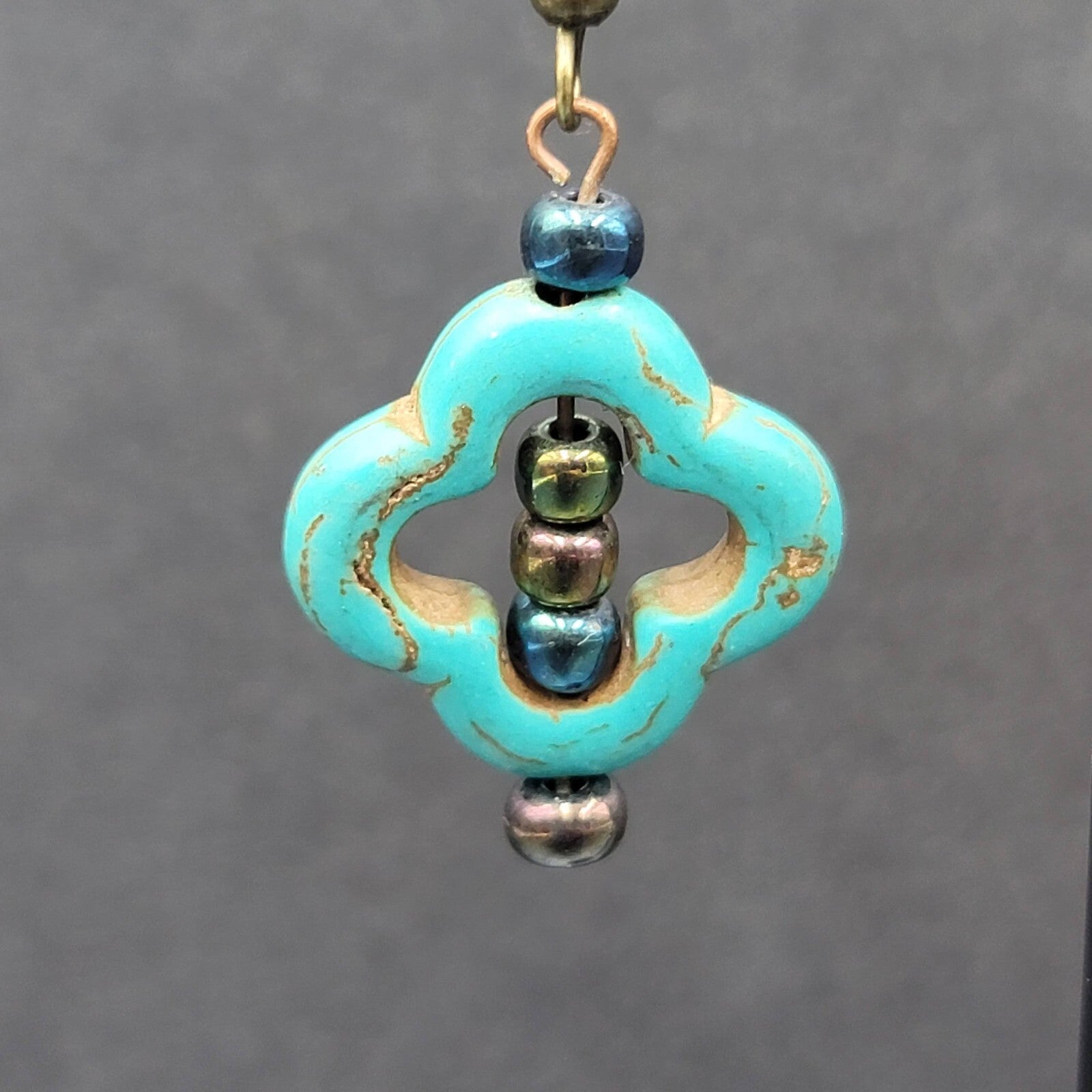 Pierced Earrings Dyed Blue Howlite Open Work Bead Dangle  1 1/8"