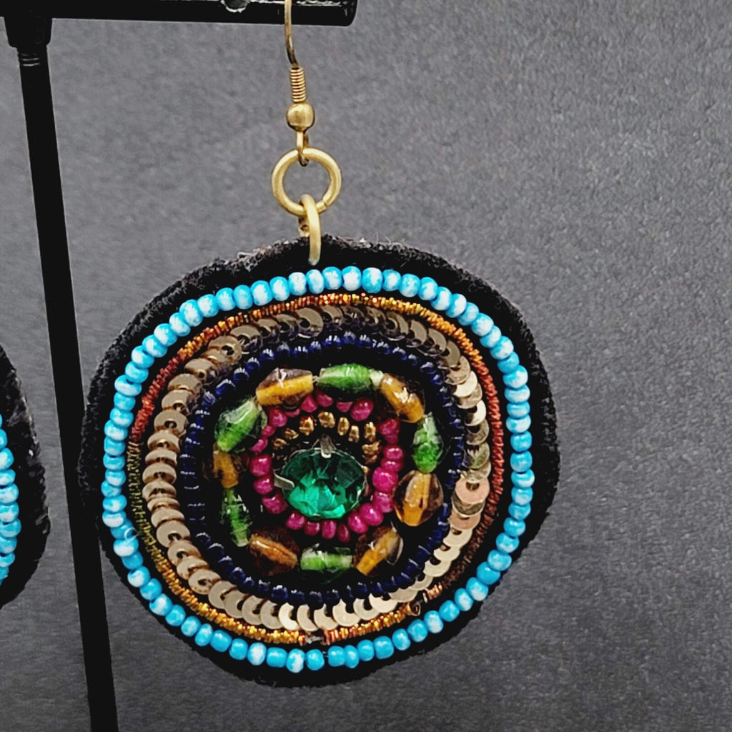 Boho Pierced Earrings Beaded Felt Medallion Dangle 1.75"