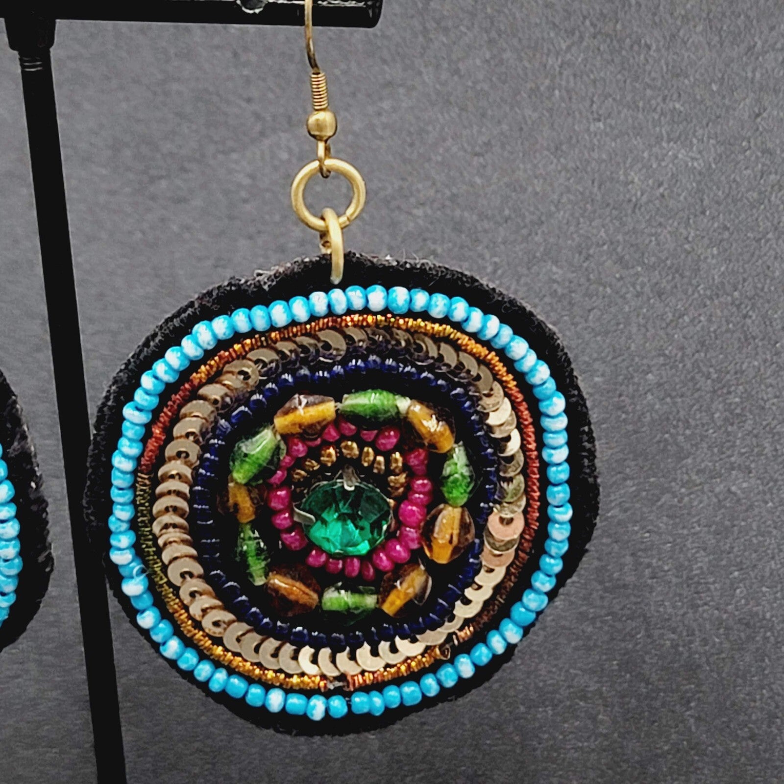 Boho Pierced Earrings Beaded Felt Medallion Dangle 1.75"