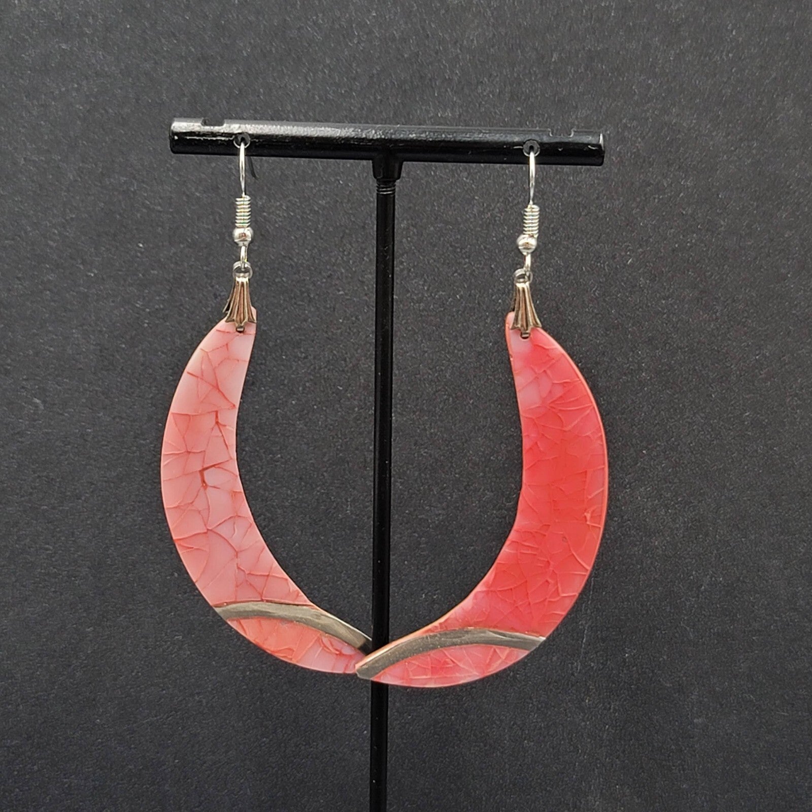 Vintage Pierced Earrings Silver tone Pink Mother of Pearl Inlay Statement 2.75"