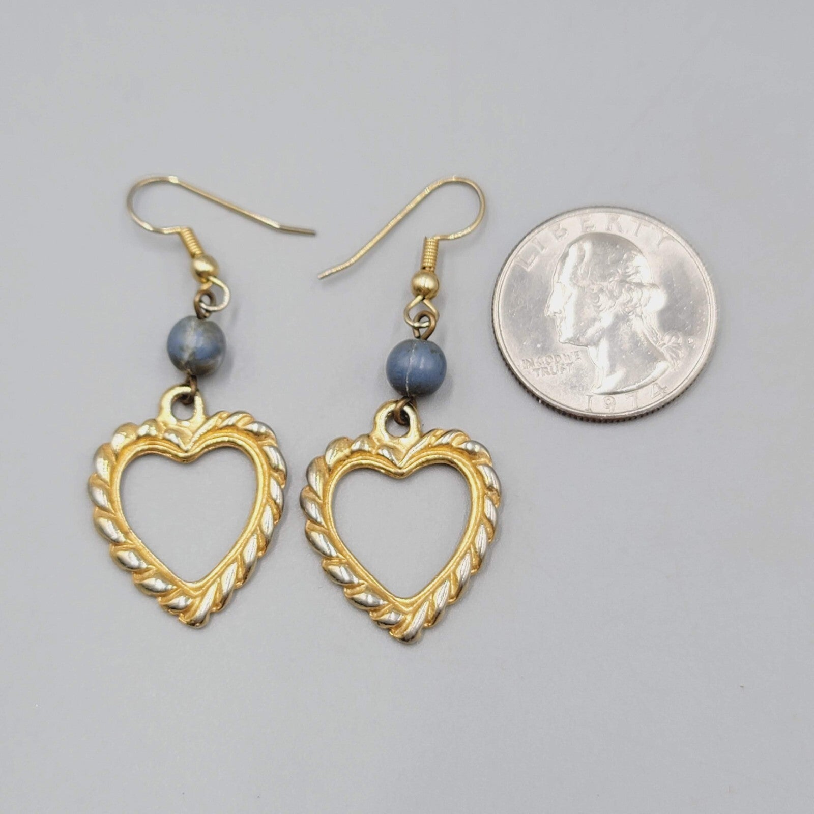 Vintage Heart Pierced Earrings Gold tone Blue Bead Dangle 1.5"