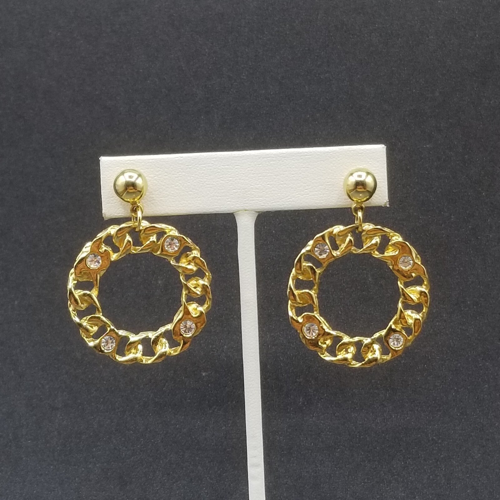 Pierced Earrings Gold tone Crystal Chain Link Open Ring Statement Dangle 1 3/4"