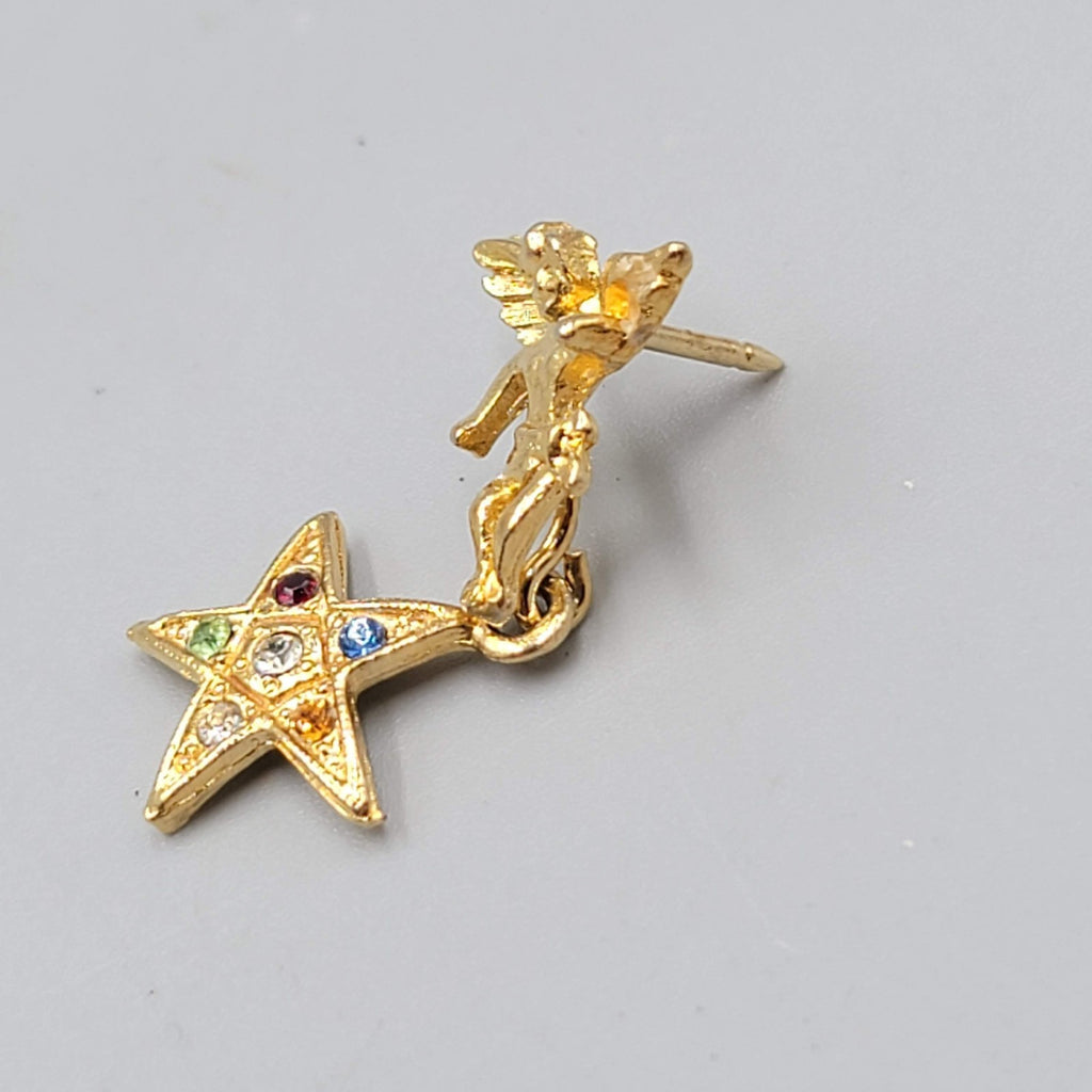 Eastern Star Angel Lapel Pin Faux Jewels Dangling Star 1.25"