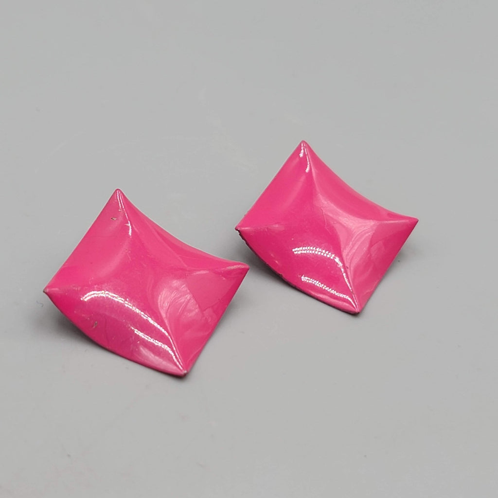 Vintage Hot Pink Enamel Square Pierced Earrings Drop 1.25 in