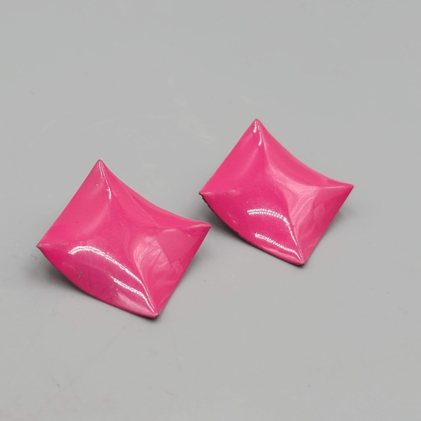 Vintage Hot Pink Enamel Square Pierced Earrings Drop 1.25 in