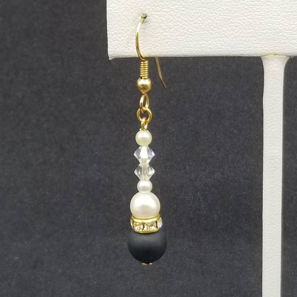 Pierced Earrings Gold tone Crystal Faux Pearl Black Beaded Dangle 1 1/8"