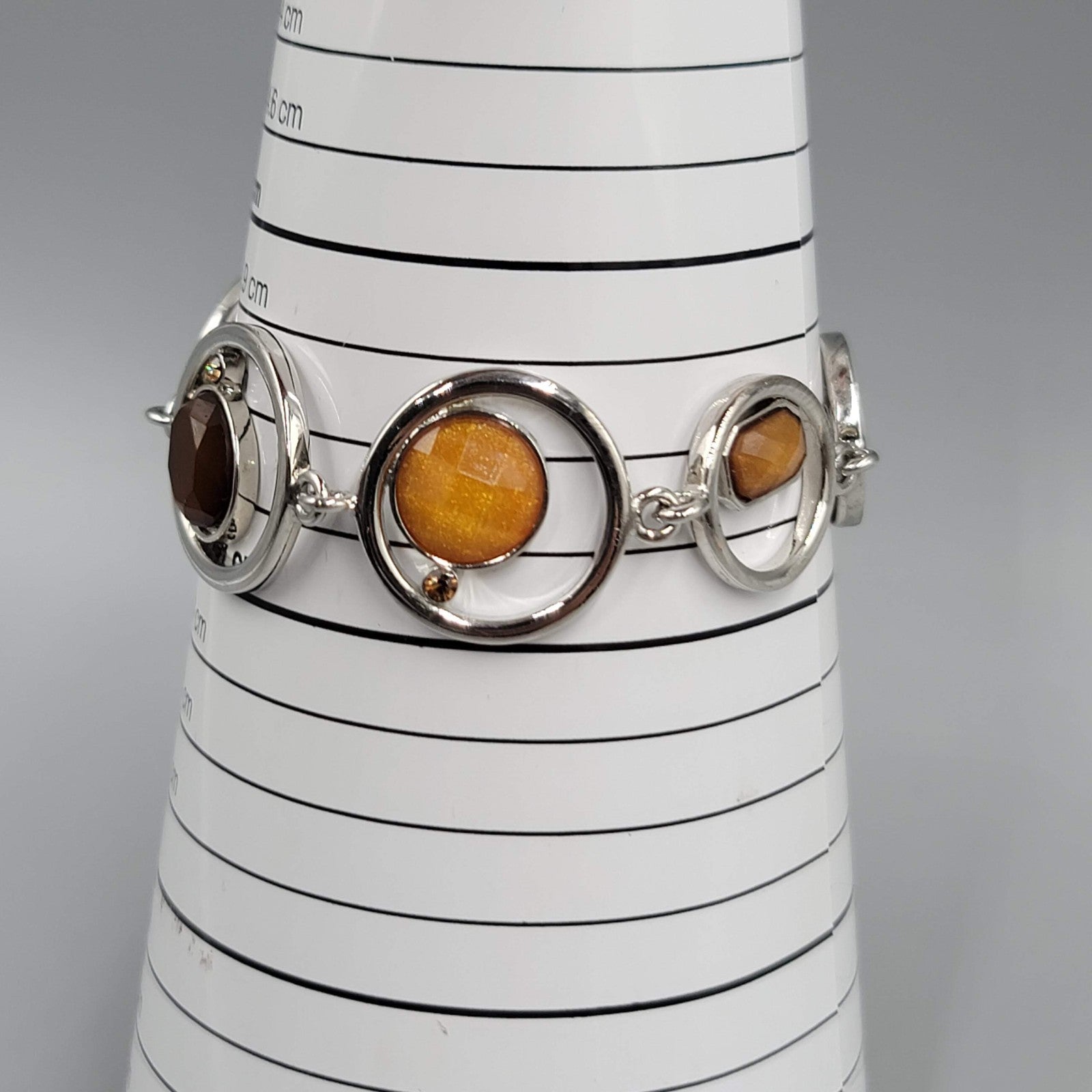 Silver tone Bracelet Orange Resin Accents Modernist 6.75"