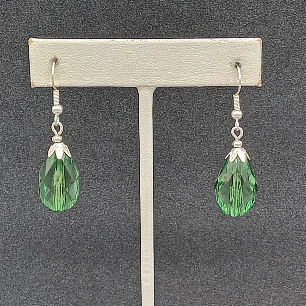 Pierced Earrings Silver tone Acrylic Green Faceted Teardrop Dangle 1"