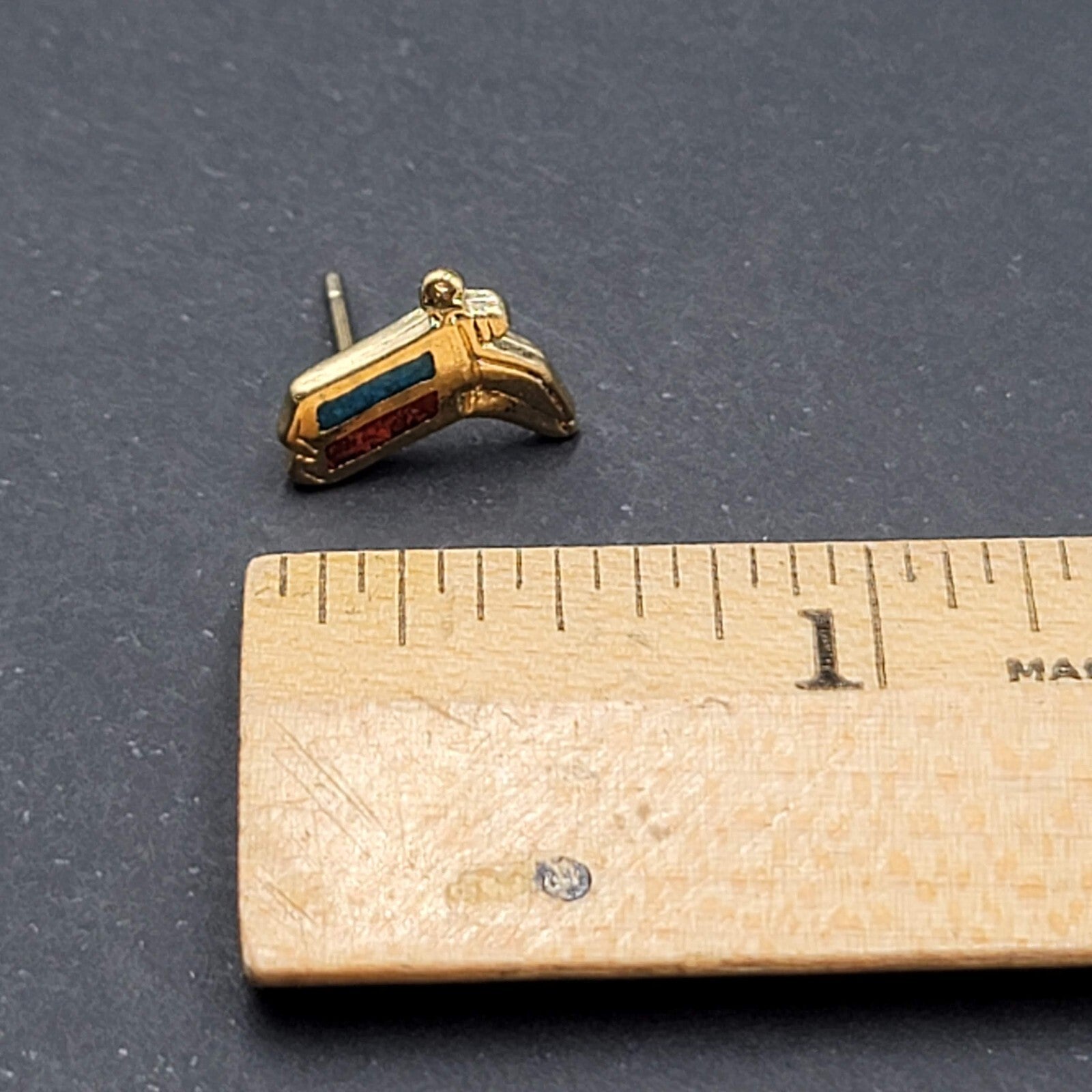 Vintage Pierced Earrings Gold tone Cowboy Boots Inlay Studs 1/2"